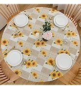 LIBERECOO Round Vinyl Fitted Tablecloth with Flannel Backing Elastic Edge Plastic Table Cover Wat...