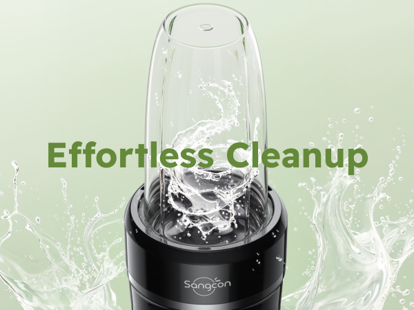 Sangcon blending cup shown with splashing water to highlight quick and effortless cleanup.