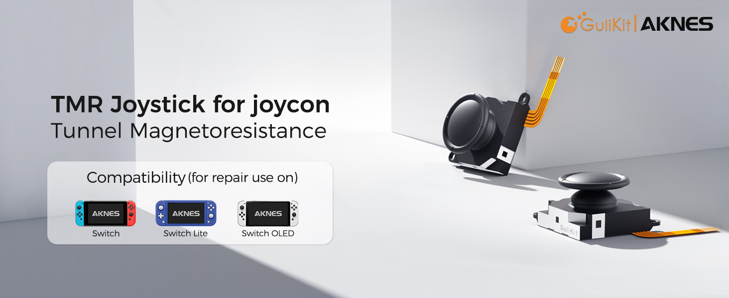 Text reads 'TMR Joystick for Joycon Tunnel Magnetoresistance'. Product image shows gaming controller attachment with compatibility icons for different gaming systems.