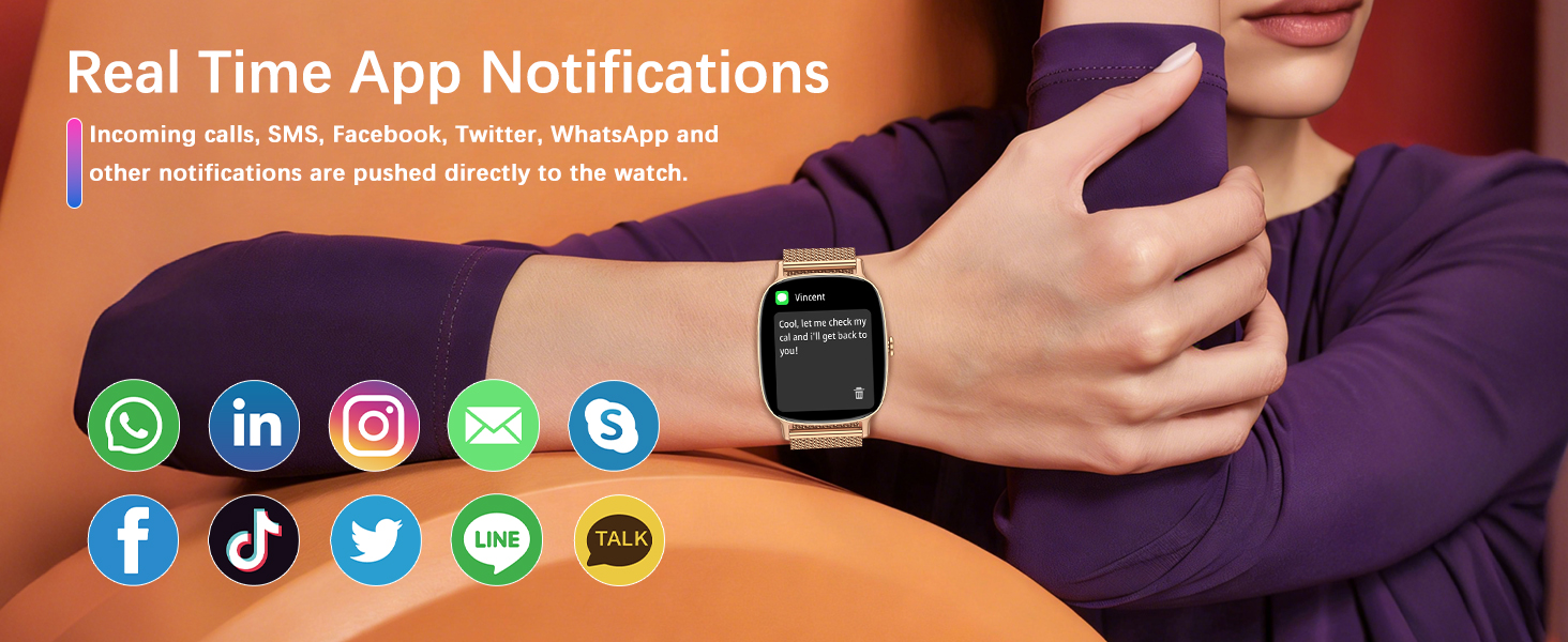 Text reads 'Real Time App Notifications'. Display showing social media icons including WhatsApp, LinkedIn, Instagram, email, Skype, Facebook, TikTok, Twitter, and messaging apps with smartwatch notification interface.