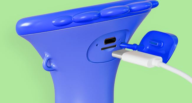 Series of demonstration images showing blue plastic or silicone product being manipulated or assembled against green background.