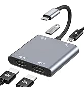 Gray USB-C multiport adapter featuring multiple HDMI ports and connection cables for device connectivity.