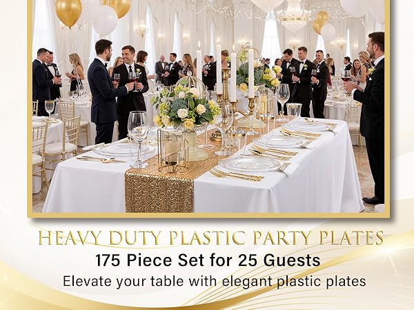 clear and gold plastic plates
