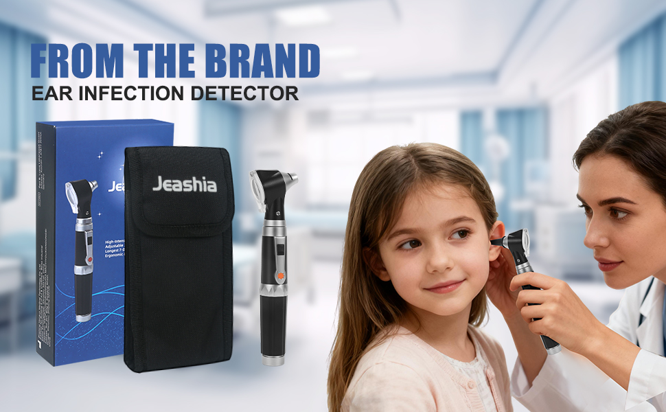 Jeashia Ear Infection Otoscope: Device, box, pouch + pro checking a child’s ear.