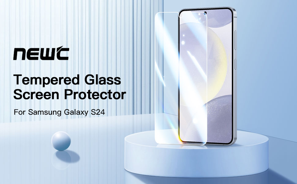 NEWC tempered glass screen protector for Samsung Galaxy S24 displayed on blue pedestal. Product packaging and phone silhouette visible in image.