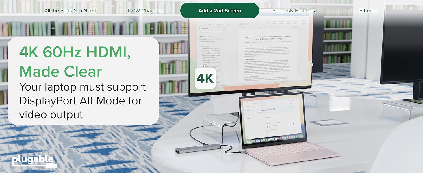 Plugable USB-C Hub highlighting 4K 60Hz HDMI port for adding a second screen to laptops