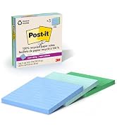 Post-it 100% Recycled Paper Super Sticky Notes, Lined, 4 in. x 4 in., 3 Pads, 70 Sheets per Pad, ...