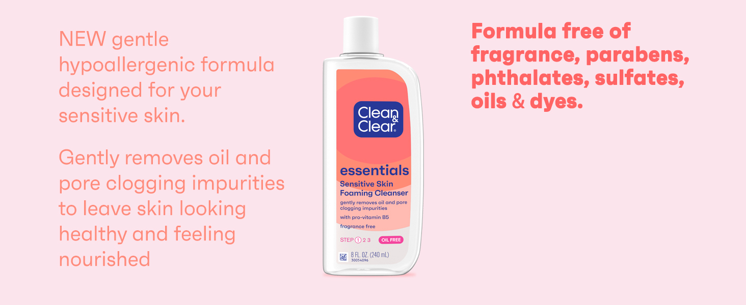 Clean & Clear Essentials Foaming Cleanser on pink background, formula free of fragrance, oils & dyes