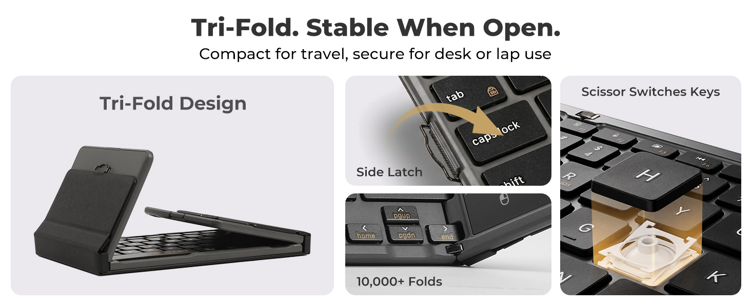 Aimarz AF01 tri-fold keyboard showing its open design, side latch, and scissor-switch keys.