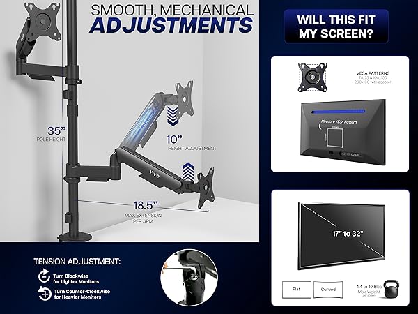 dual monitor stand vertical stack desk mount gas spring arm tall pole vesa bracket riser black