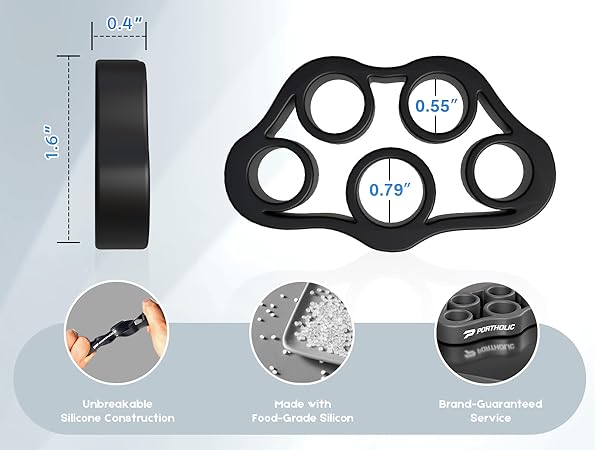 Black silicone grip strengthener with four finger holes. Dimensions shown: 1.6" height, 0.4" thickness. Features unbreakable construction, food-grade silicone, and guaranteed service.