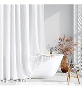 Dynamene Boho Farmhouse Shower Curtain, White Fabric Tufted Chevron Striped Textured Tassel Showe...