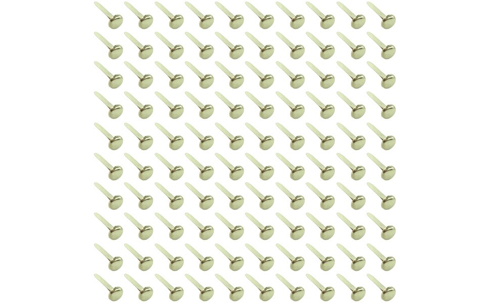 One hundred brass plated paper fasteners arranged in a ten by ten grid