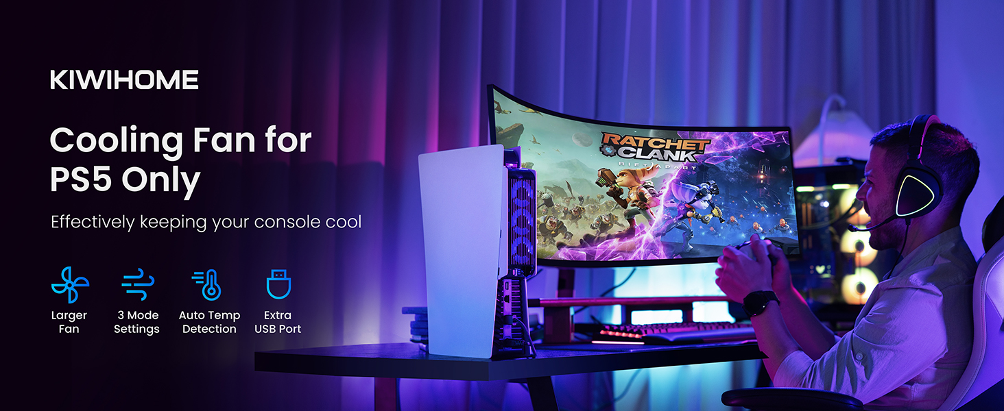 Text reads 'KIWIHOME' and 'Cooling Fan for PS5 Only'. Gaming setup with purple/blue ambient lighting showing PlayStation 5 console and cooling system