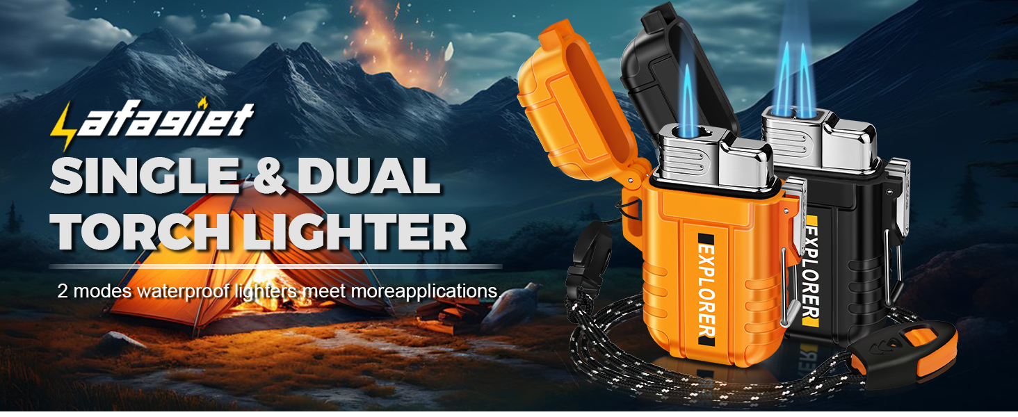 Lafagiet waterproof torch lighter in orange and black variants, featuring single and dual torch modes, displayed against dramatic mountain backdrop.