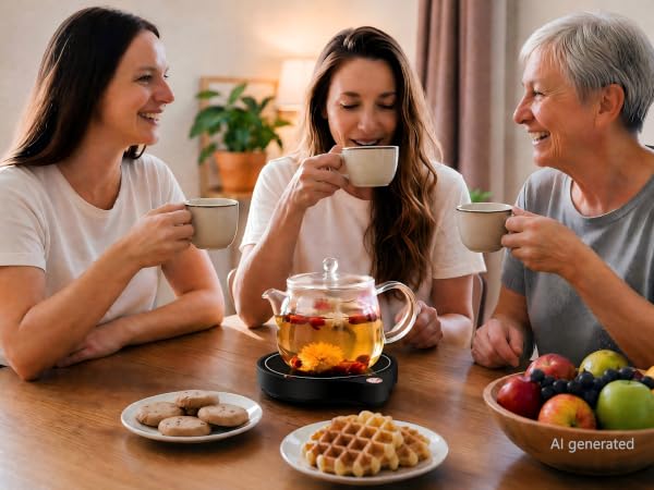 Smart mug warmer with tea for office meetings, family gatherings, and parties.