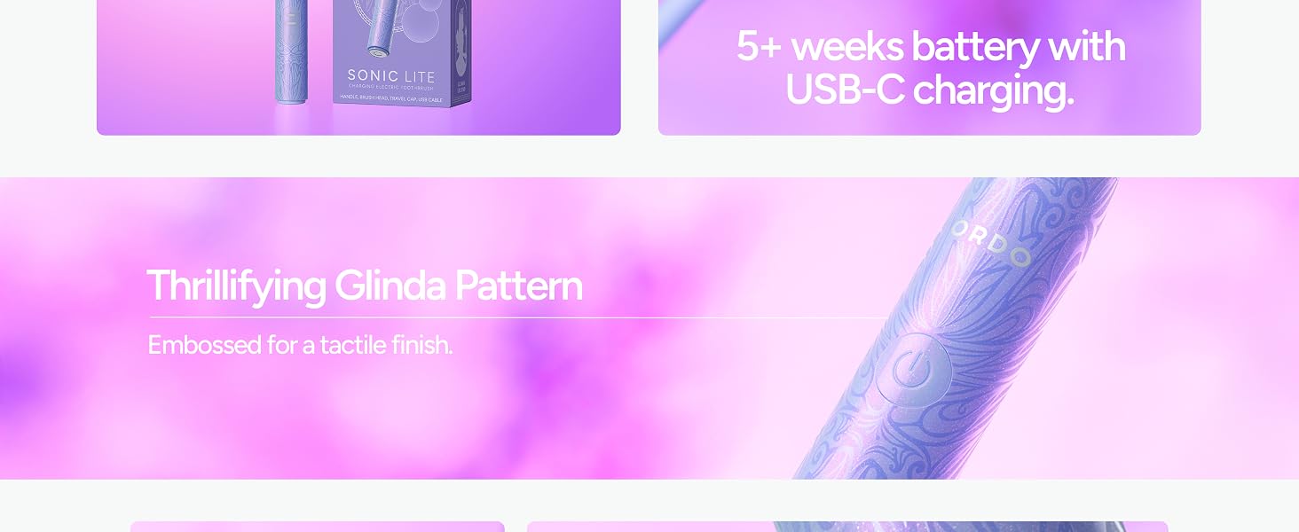 Text on bright pink background reads 'Long lasting battery with fast charging! See product for detail.' Product charging feature demonstration.