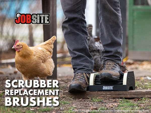 Close up of person wearing hiking boots using scrubber in yard with chicken in background