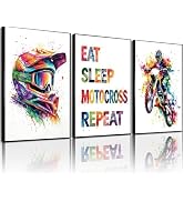 Frimeeme Motocross Wall Art Poster, Eat Sleep Motocross Repeat, Dirt Bike Rider and Helmet Prints...