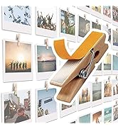 20 Pack Self Adhesive Clips for Pictures - Beige Wood Clip Photo Holders for Wall, Poster Hanger,...
