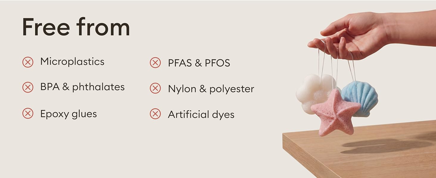 Text reads 'Free from' followed by crossed-out items: 'Microplastics, BPA & phthalates, PFAS & PFOS, Nylon & polyester, Epoxy glues, Artificial dyes'. Shows hands handling light blue material.