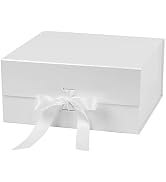 WRAPAHOLIC 2Pcs White Gift Box with Satin Ribbon, 8x8x4 Inches Collapsible Gift Box with Magnetic...