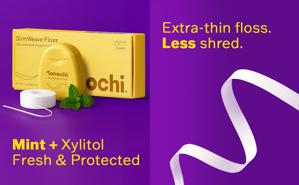 Tonochi SlimWeave Flat Floss — slim ribbon floss for tight teeth with smooth glide and gentle clean.