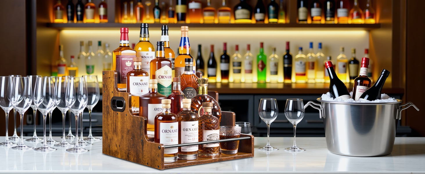 Large bottle display stand for liquor bar, tiered wood shelf for whiskey & wine collection.