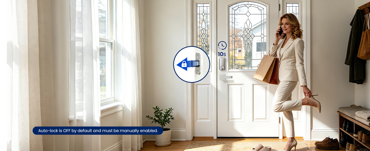 Smart deadbolt with 10-99 second auto lock for hands-free security during busy daily routines