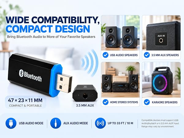 Compact Bluetooth audio receiver for USB audio, 3.5mm AUX, stereo and karaoke speakers