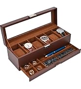ProCase Watch Box, 6 Slot Watches Display Case with Drawer, Mens Watch Case with Glass Lid, 2-Lay...
