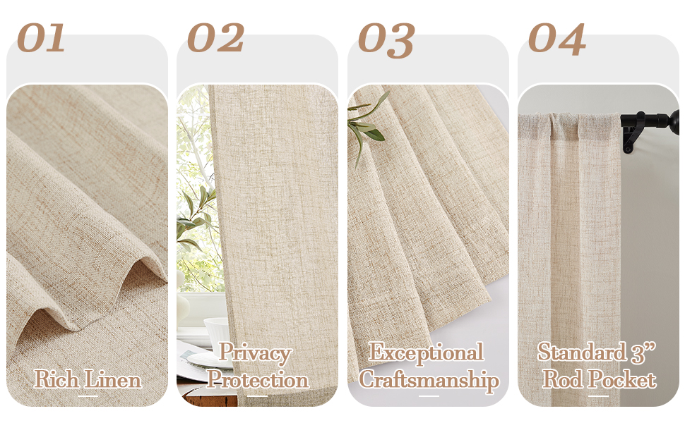 3” rod pocket, 2” bottom hem, durable fabric, drape well, light filtering, privacy protect