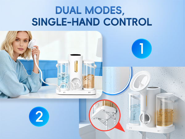 Text reads 'DUAL MODES, SINGLE-HAND CONTROL'. Product demonstration showing electronic device with blue LED displays and numbered instruction steps.