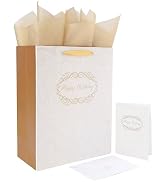 13" Large ivory Gift Bag Set with Greeting Card and Tissue Papers (Floral-patterned and Happy Bir...