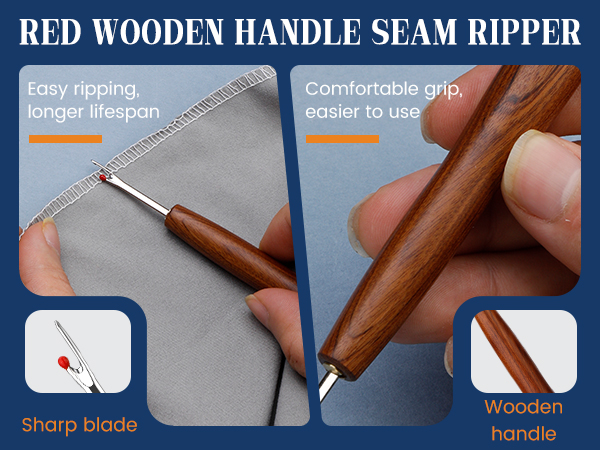 Sharp seam rippers with ergonomic wooden handle