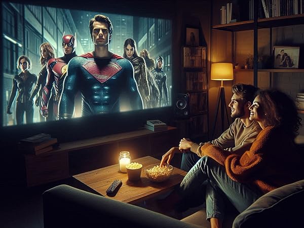 Home theater setup showing superhero movie on large screen with ambient lighting. Two people watching from a comfortable couch in dimly lit room.