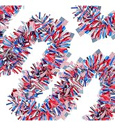 4 Pack 26.4 ft Red White Blue Patriotic Tinsel Garland with American Flags, Metallic Foil Fringe ...
