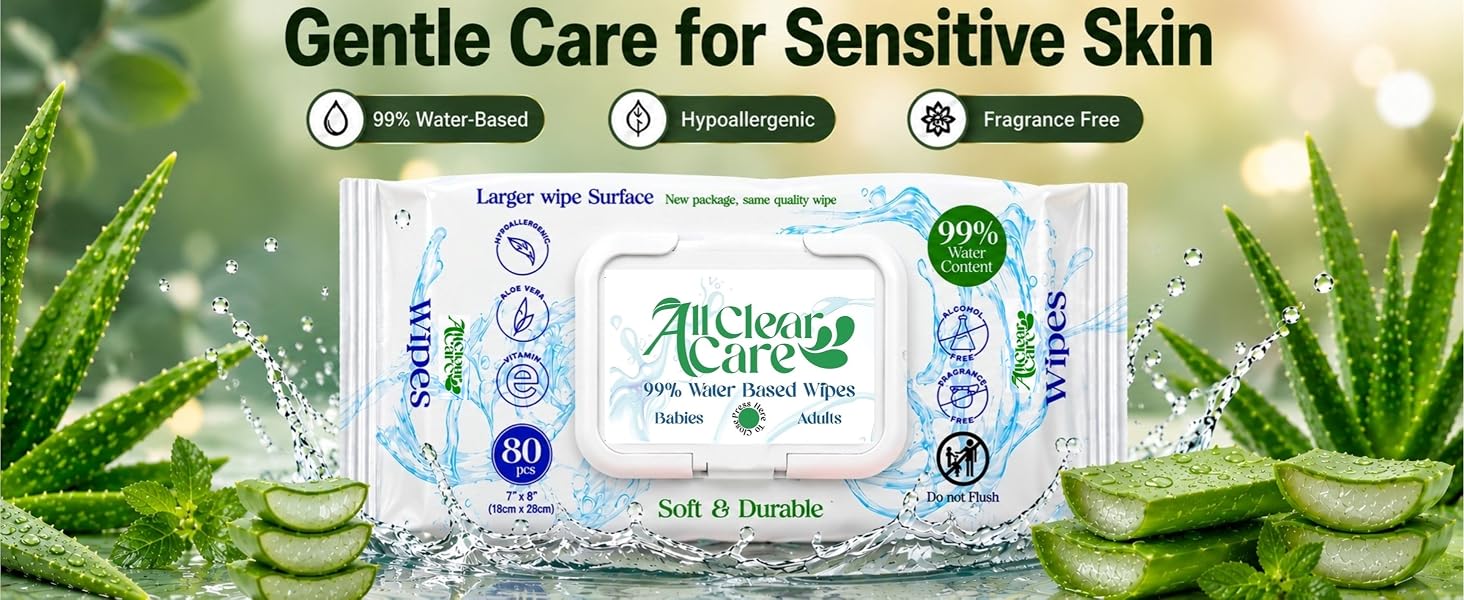 Gentle care for sensitive skin. 99% water wipes, hypoallergenic and unscented fragrance free