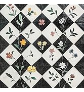 HOMETITUTE Floral Checkerboard Peel Stick Floor Tile Art Deco 12" x12" | Vinyl, peel and stick fl...