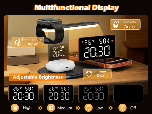 Wireless Charger, 4 in 1 Wireless Charging Station for iPhone with Clock