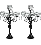 Kehail Crystal Tea Light Candle Holders Set - 14" L x 22.5" H Matte Black Metal & Sparkling Accen...