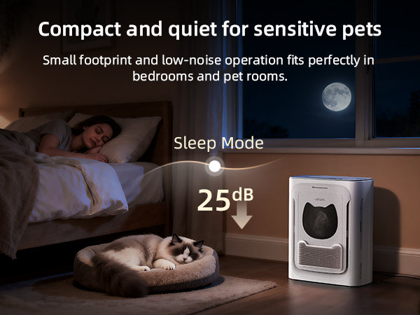 Pet air purifier operates at 25dB in sleep mode, while a cat sleeps undisturbed nearby