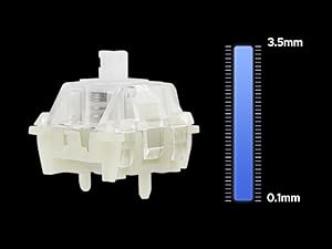 Close-up of a small, translucent white mechanical component with multiple internal structures. A scale shows its height as 3.5mm.