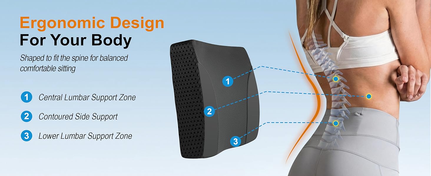 Ergonomic back support for chair features zoned lumbar design for balanced, comfortable sitting.