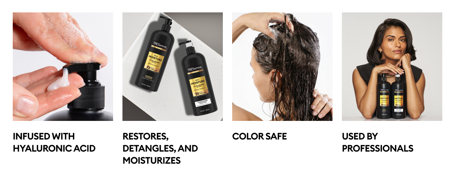 4 images: hand pumping bottle, 2 bottles, woman washing her hair, woman with products.