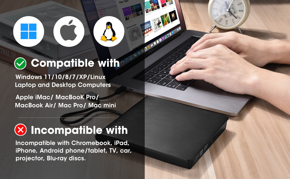 ROOFULL External CD DVD Drive USB 3.0 USB-C CD Disc Reader Writer Burner