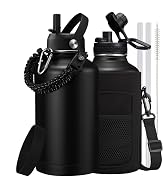 64 oz Water Bottle with Straw & Spout Lids, Keep Cold 48H Paracord Handle, Carrier Bag, Vacuum Ha...