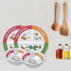 Front view of portion-control plates and bowls