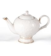 KAMMAK Teapot with Handle, Vintage Porcelain Tea Pot with Gold Trim, Blooming & Loose Leaf Teapot...