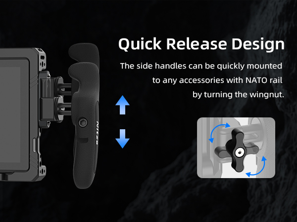 Text reads 'Quick Release Design'. Technical diagram showing camera mounting mechanism with arrows indicating attachment points and turning mechanism.